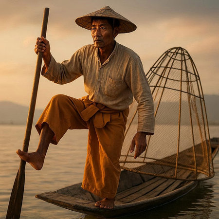 Traditional fisherman in Inle lake, Shan State, Myanmar (Burma)
