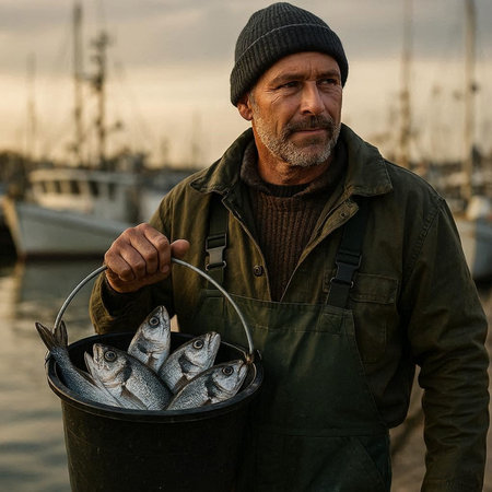 Portrait of a fisherman with a bucket of fish at the pier