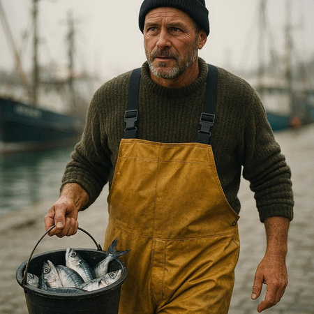 Portrait of a fisherman with a bucket of fresh fish on the seashore