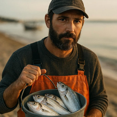 Fisherman with catch of sea bass on the seashore