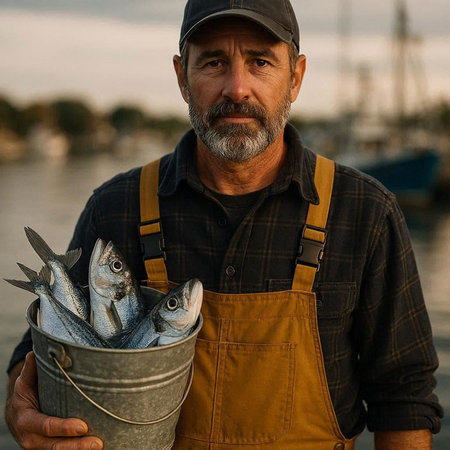 Portrait of a fisherman holding a bucket with freshly caught sea bass.