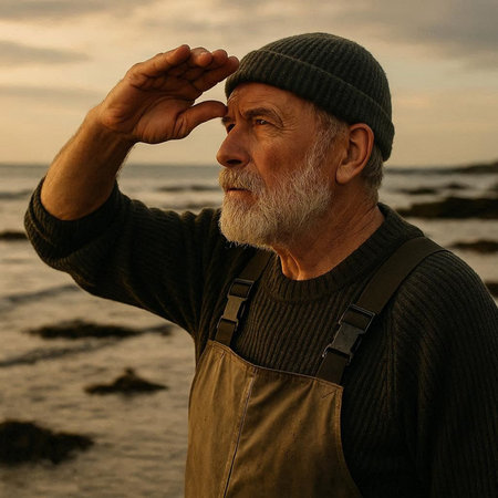 Side view of senior man with grey beard and hat looking at the sea.