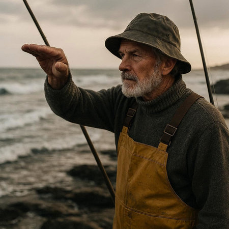 Senior man fishing on the seashore in the evening. Portrait of an old fisherman.