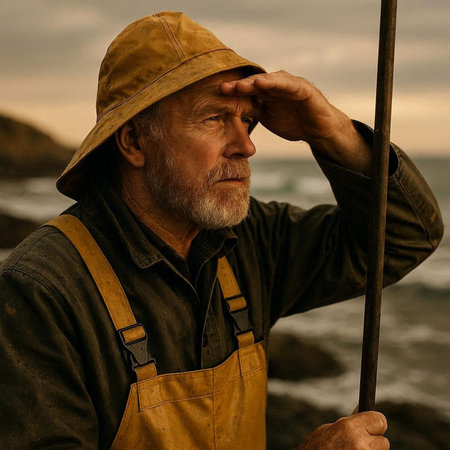 Portrait of a senior man fishing on the beach at sunset.