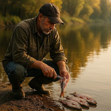 Fisherman in a cap with a catch of trout on the river bank