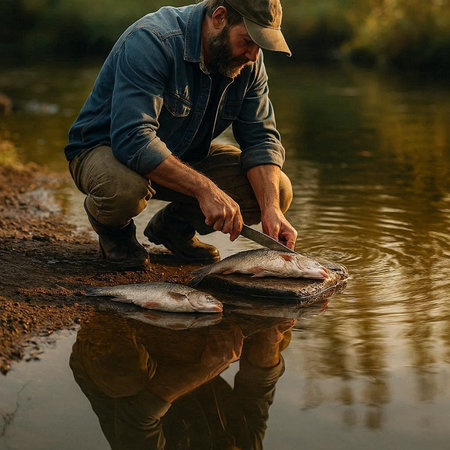 Fisherman with a catch of trout on the river bank.