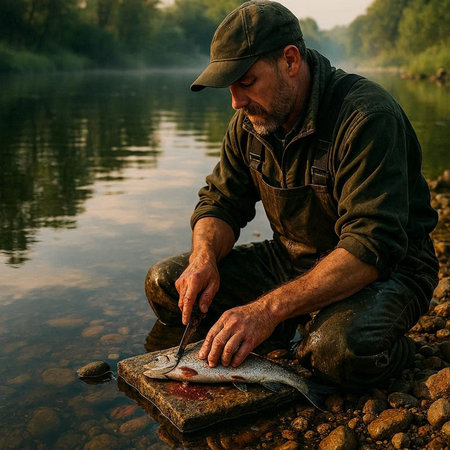 Fisherman with a catch of trout on the river bank.