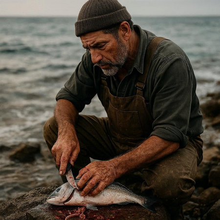 Fisherman sitting on the rock and holding a freshly caught fish