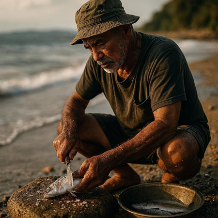 Fisherman cleaning fish on the seashore in the morning