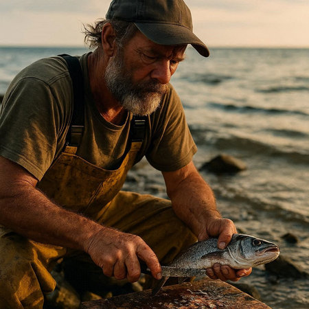 Senior fisherman holding a freshly caught fish on the seashore at sunset
