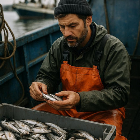 Fisherman in a cap and a green jacket is holding a box of fresh fish.