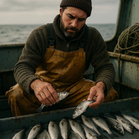 Fisherman on a fishing boat holding a freshly caught fish.