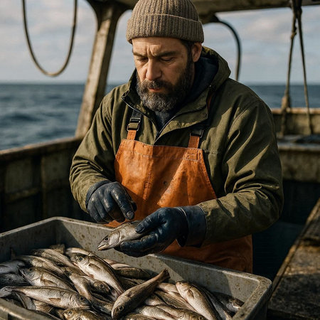 Fisherman in a hat and a green apron is holding fish in his hands.