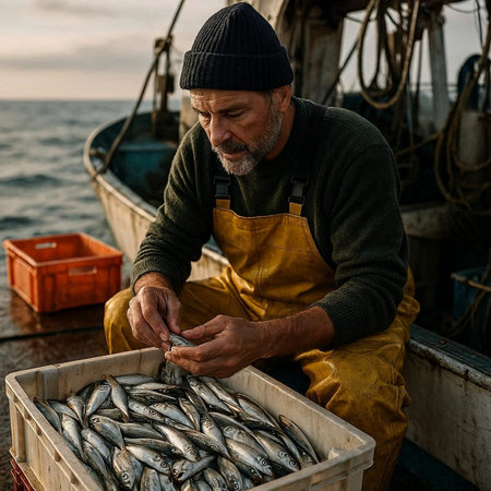 Fisherman with catch of mackerel on the fishing boat