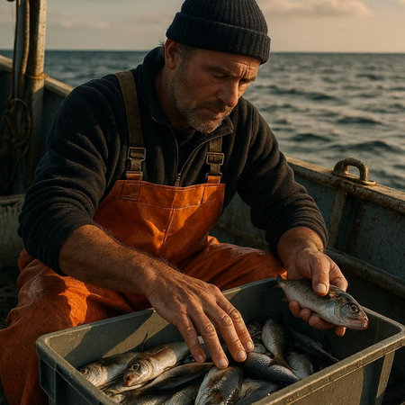 Fisherman with catch of fish on a fishing boat at sunset