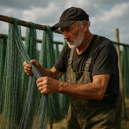 Farmer working with netting in the field, selective focus.