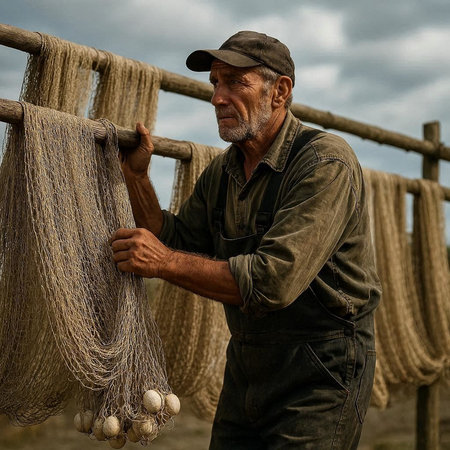 Portrait of a senior farmer with fishing net in the countryside.