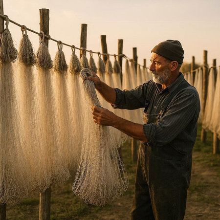 Fisherman at work on a fishing net in the countryside.