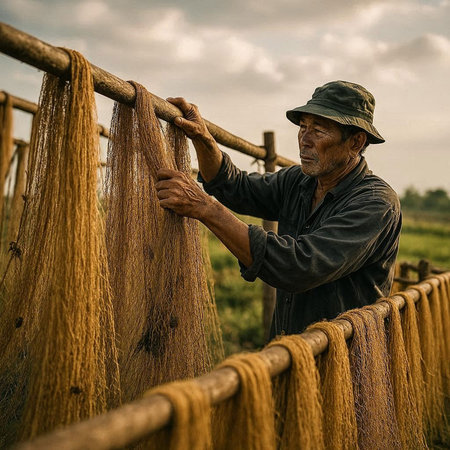 Fisherman pulling fishing nets from the wooden fence of the farm.
