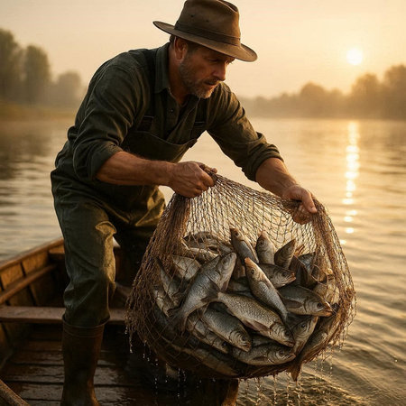 Fisherman with a net of freshly caught fish on the river