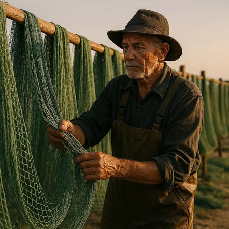 Old farmer working in his orchard, checking the quality of his nets