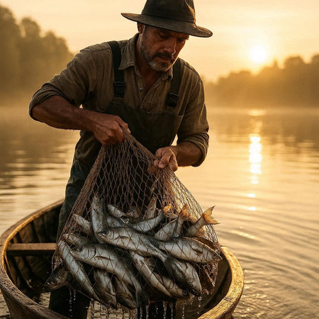 Fisherman holding a net with catch of fish in the river