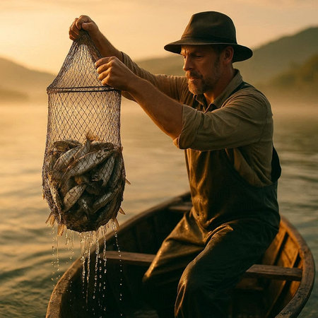 Fisherman holding a net with freshly caught fish on the boat