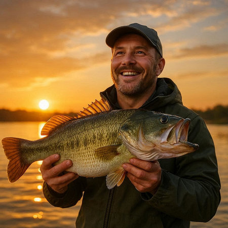 Happy fisherman holding a big bass fish at sunset. Fishing concept.