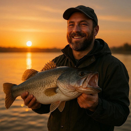 Fisherman holding a big bass in his hands at sunset.