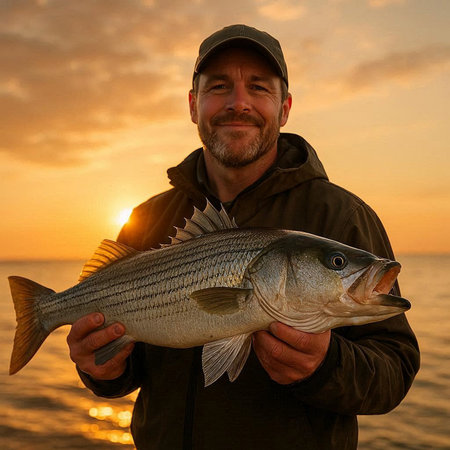 Fisherman holding a freshly caught sea bass on the beach at sunset