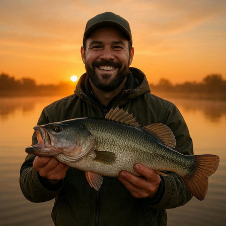 Happy angler holding big trophy fish on river bank at sunset.