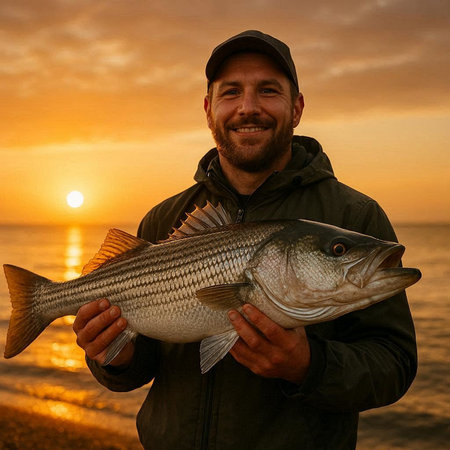 Happy fisherman holding a big sea bass on the beach at sunset.