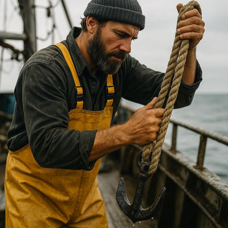 Fisherman on a fishing trawler, holding an anchorの写真素材