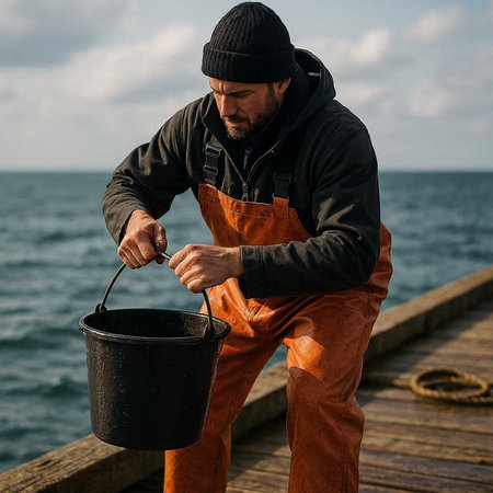 Fisherman with a bucket of water on the seashore