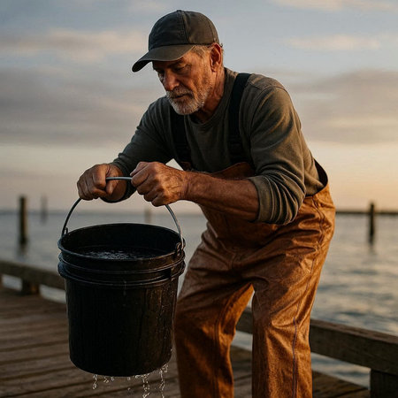 Senior man fishing with a bucket of water on a wooden pier.