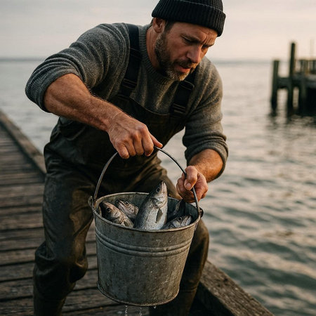 Fisherman holding a bucket of freshly caught fish on the pier