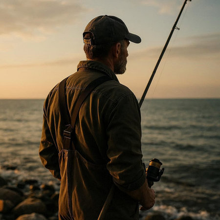 Senior man fishing with rod on the seashore at sunset.