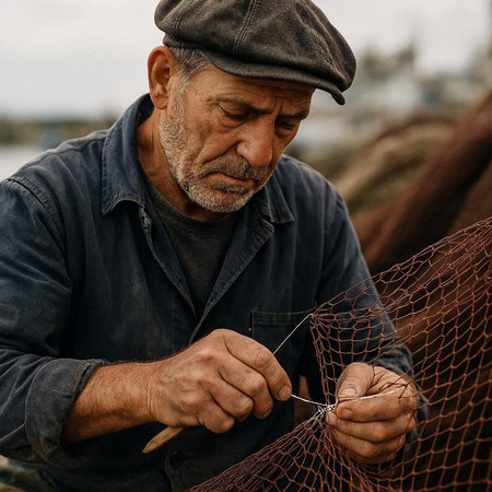 Fisherman working on a fishing net in the port of Essaouira, Morocco