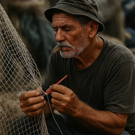 Portrait of an old man in a cap and gray t-shirt with a gray beard sitting on the beach knitting a...