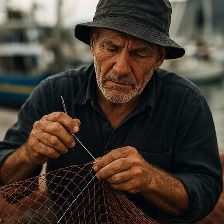 Portrait of an elderly man with a fishing net on the seashore