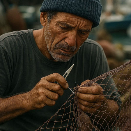 Portrait of an elderly man cutting a fishing net with a knife