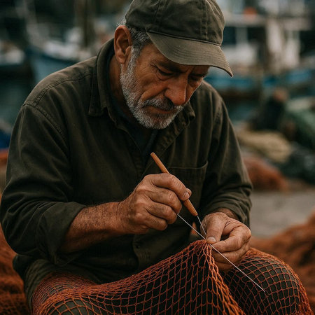 Fisherman working on a fishing net in Essaouira, Morocco