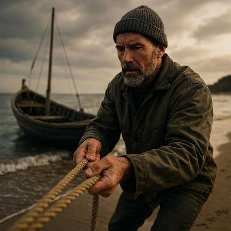 Portrait of an old fisherman on the seashore at sunset