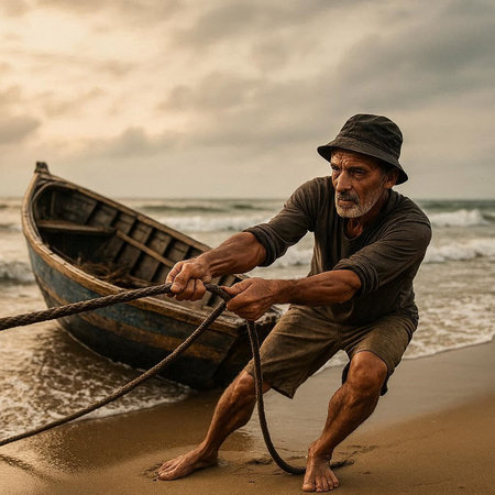 Fisherman pulling a fishing boat on the beach in Sri Lanka