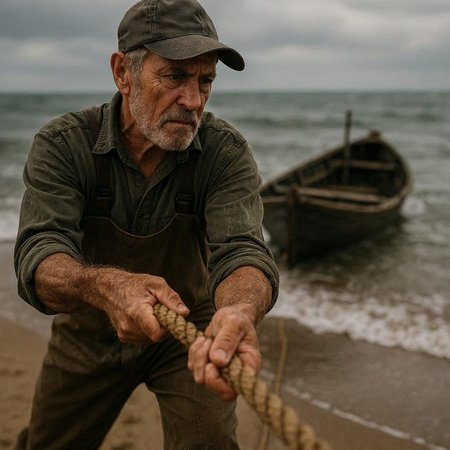 Fisherman pulling a rope on the beach with a boat in the background