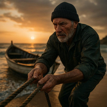 Portrait of an old fisherman with his boat on the beach at sunset