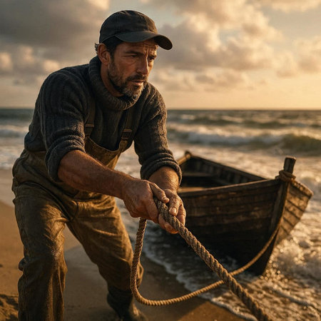 Fisherman pulling a rope on the beach in the evening.