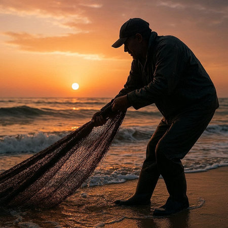 Fisherman with net on the beach at sunrise. Thailand.