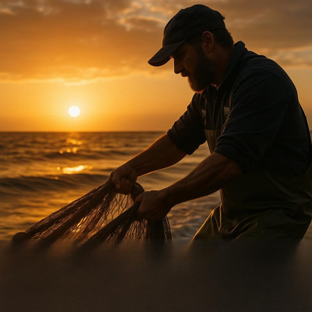 Fisherman with fishing net on the background of the sea at sunset