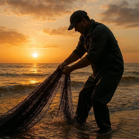 Fisherman with fishing net on the beach at sunset in Thailand